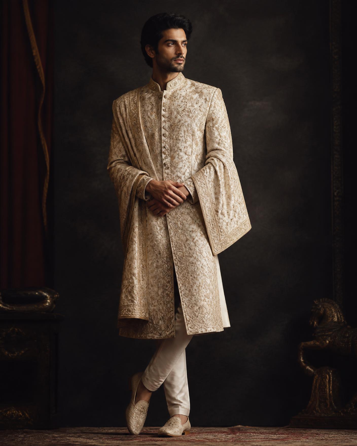 Groom wearing an ivory and gold embroidered sherwani by The Ethnic Vaarso in Ahmedabad